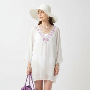 Katherine NY White & Pink Embellished V Neck Long Sleeve Sheer Tunic Top S
